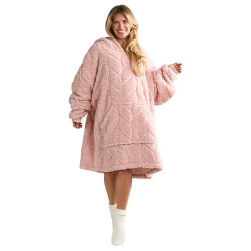 Image of OHS Fleece Hoodie Blanket Women, Braided Ultra Soft Snuggle Hoodie Winter Warm Cosy Blanket Oversized Thermal Throw Hoodie Fluffy Gifts for Her - Blush, One Size