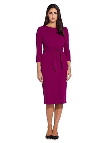 Image of Adrianna Papell - Women's Cocktail Dress - Knit Crepe Tie Waist Sheath - Elegant, Simple, Timeless Elegance, Wildberry, 6