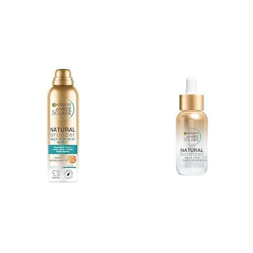 Image of Garnier Ambre Solaire Natural Bronzer Bundle: Dark Self Tan Body Mist (150ml) & Self Tan Drops for Face with Hyaluronic Acid (30ml), Intense Streak-Free Natural Looking Tan with Vegan Formula