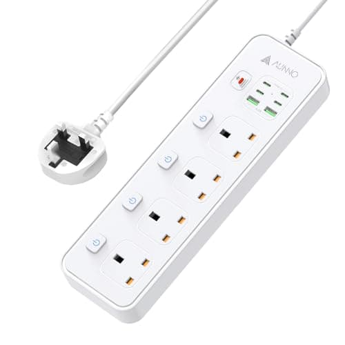 Image of AUNNO Extension Lead with USB Slots, 4 Way Sockets Outlets with 4 USB-C Ports and 2 USB Ports, 1.8M Extension Cable with Switch Surge Protected Power Strips, UK Plug Adapter Electrical Cords