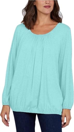 Image of STAR FASHION Women’s Scoop Neck Elastic Waist Long Sleeve Blouse Top Ladies Loose Fit Lined Ruched Neck Batwing Sleeve Pleated Blouse Shirts for Winter Mint-16-18