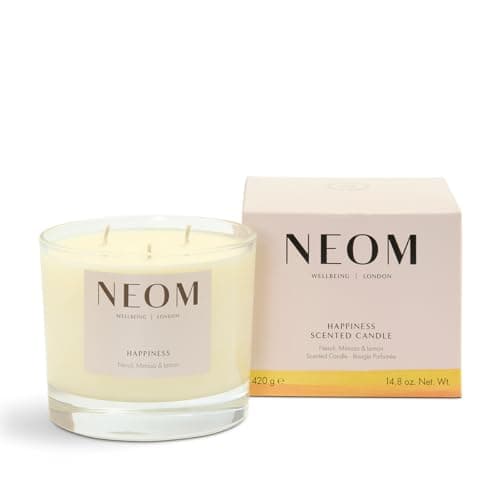 Image of Neom- Happiness Scented Candle, 3 Wick | Essential Oil Aromatherapy Candle | Neroli, Mimosa & Lemon | Scent to Make You Happy,White,420 g (Pack of 1),1101165