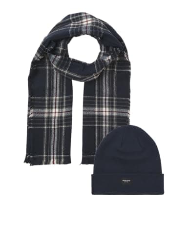 Image of JACK & JONES Men's Jacfrost DNA Beanie and Scarf Giftbox Hat, Oxblood Red/Pack:Navy Blazer Beanie, One Size