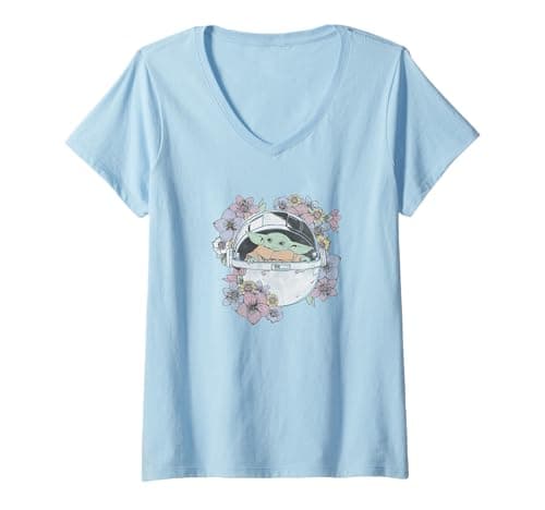 Image of Womens Star Wars Grogu Floral Carrier V-Neck T-Shirt