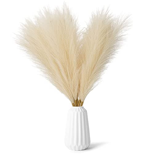 Image of Offfay Pampas Grass, Artificial Pampas Grass Large, 5 x 31.5''/80cm Tall, Fluffy Faux Pampas with Long Stem, Branches Bouquet Flora Feathers Decoration for Living Room, Home, Floor Vase, Wedding