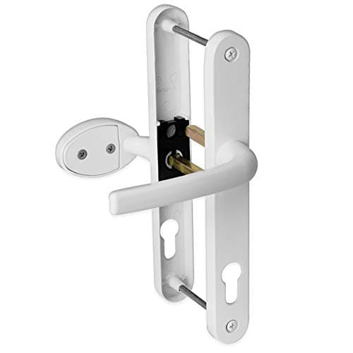 Image of uPVC Door Handle 92mm 62mm Offset Lever Pad 210mm Fixings Sprung Pair Patio PVC White
