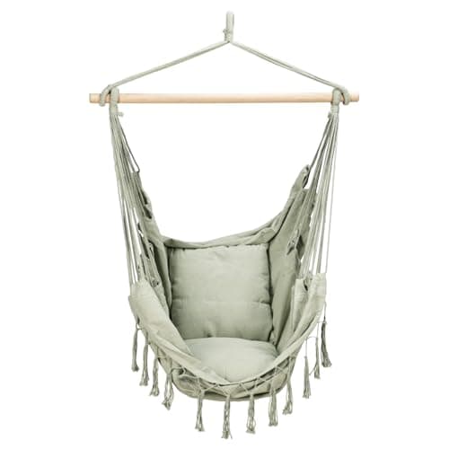 Image of GEEZY Hammock Swing Chair – Indoor & Outdoor Green Hanging Chair with Wooden Spreader Bar, Comfortable Cushioned Seat, Cotton Blend Fabric – Sensory Swing for Living Room, Bedroom, Garden & Patio