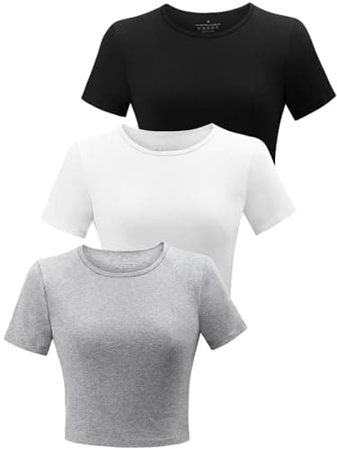 Image of BryticFlow 3 Pack Workout Crop Tops for Women Cotton T-Shirts Short Sleeve Cropped Fitted Tops Basic Cute Tees Casual Crew Neck Summer Tshirts Yoga Gym Clothes Black/White/Grey M