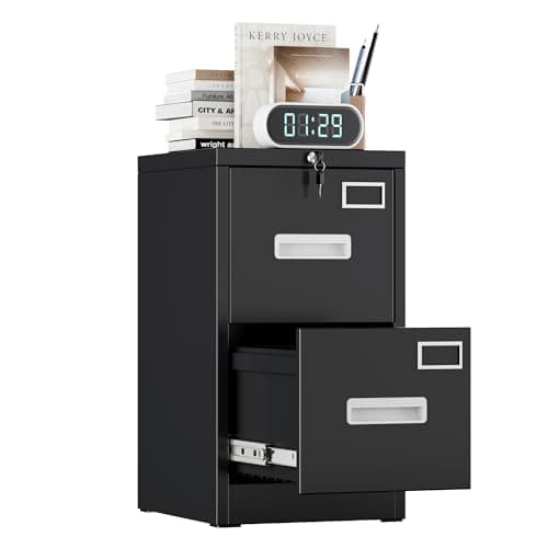 Image of FlairVibe 2 Drawers Filing Cabinets Metal, Lockable Vertical File Cabinet for A4 Size, Anti-tipping File Drawer Storage Cabinets with Cue Card Slot for Home Office,Black