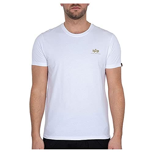 Image of Alpha Industries Men's Basic T Small Logo Foil Print T-Shirt, White/Yellow Gold, S