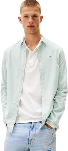 Image of Tommy Jeans Mens TJM Slim Stretch Oxford Dm0dm09594 L/S Shirt, Green (Cloudy Jade), XXL UK