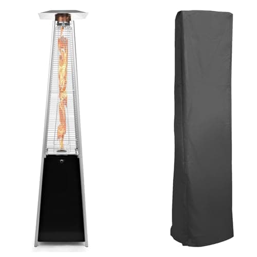Image of BU-KO Outdoor Patio Gas Heater, Garden, Camp, BBQ Parties, Stainless Steel Pyramid Style 13kw Propane Heater, Portable Wheels | LPG Warm Heating Fire & Water Proof Cover Included