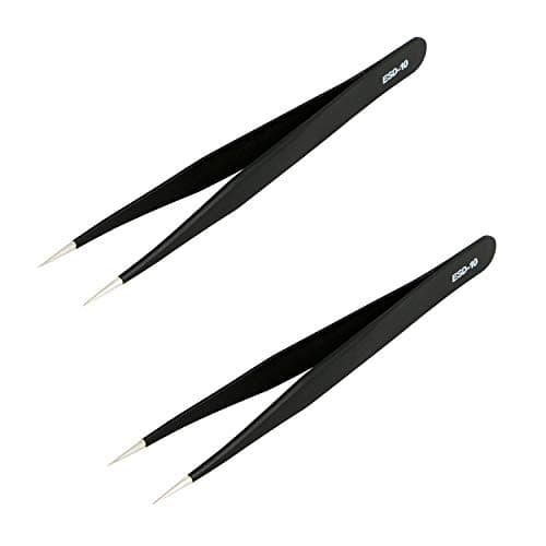 Image of Aoje-Link ESD-10 Professional Anti-Static Precision Technology Tweezers, Non-Magnetic Straight Pointed Tip, Stainless Steel Plastic Coated, Full Length 120mm, Black, 2pcs