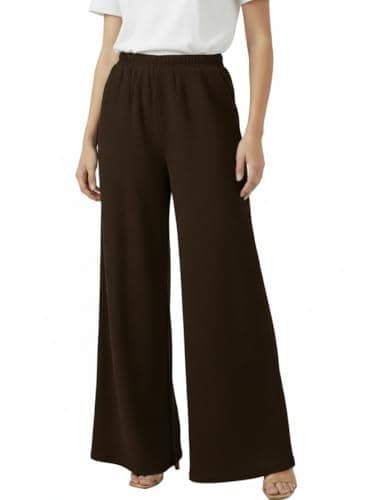 Image of Women’s Waffle Knit Wide Leg Palazzo Trousers Flared Pants Lounge Casual Work Girls Solid Trousers (Brown 3XL Long)