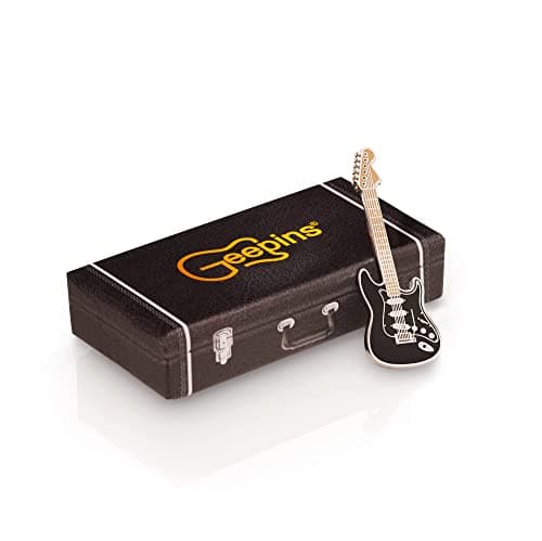 Image of Guitar Enamel Pin Badge by Geepins | Miniature Black Strat Brooch | 52 mm Length | Wear on Backpack, Shirt, Jacket, Lapel, Hat, or Tie | Presented in a Guitar Case Gift Box