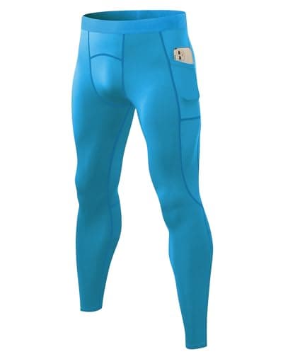 Image of Yuerlian Blue Running Leggings for Men Gym Training Base Layer Tights Breathable Lightweight Sports Pants for Athletic Exercise with Pockets