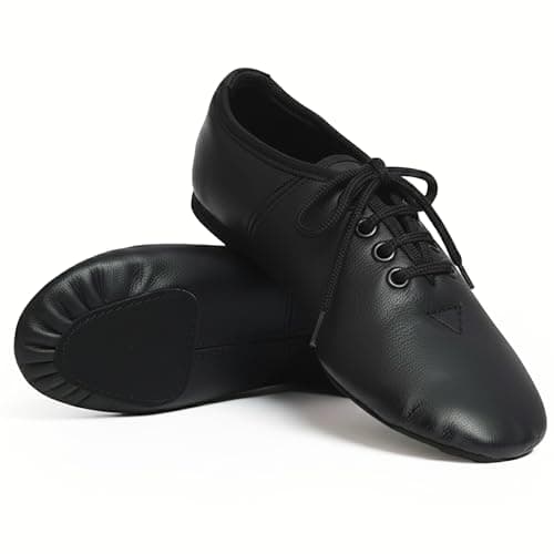 Image of Jazz Dance Black Shoes Modern Stage Shoes, Rubber Split Sole, Pure Leather Jazz Shoes (See Size Guide in Pictures) Lace Up (3)"