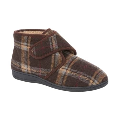 Image of Mens Wide Fitting Diabetic ORTHAPEDIC Brushed Fleece Lined Touch Close Strap Easy Close Boot Slipper Sizes 7-12 (Brown Check, 10 UK, UK Footwear Size System, Adult, Men, Numeric, Wide, 10)