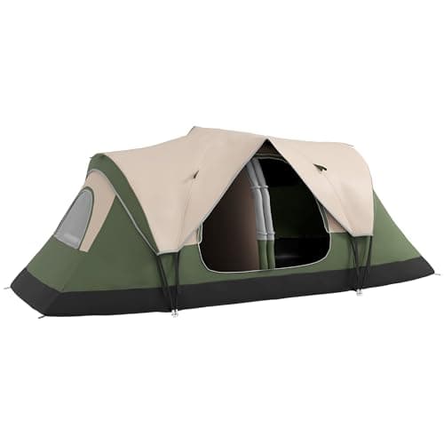 Image of Outsunny 2 Bedroom Camping Tent for 6-8 Man, Large Family Tent with Rainfly and Screen Panels, Portable with Bag, for Fishing Hiking Festival, Dark Green