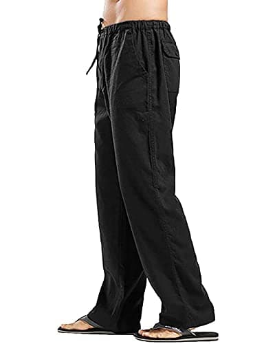Image of YAOHUOLE Men's Solid Colors Linen Pants Relaxed Fit Casual Pants Straight Legs Trousers Black L