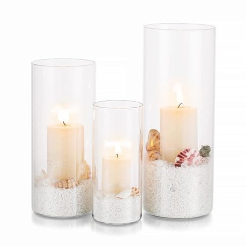 Image of Hurricane Candle Holder Glass Cylinder: 3Pcs/Set Clear Flower Vase for Tea Light Votive Pillar Floating Candles for Dining Table Decorations Wedding Centrepieces Living Room Christmas (M+L+XL)