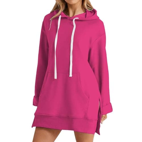 Image of AMDOLE Womens Ladies Plain Hoodie Pullover Longline Hoody Soft Casual Hooded Sweatshirt Top Long Sleeve Jacket Jumper Dress for Women UK Hot Pink L