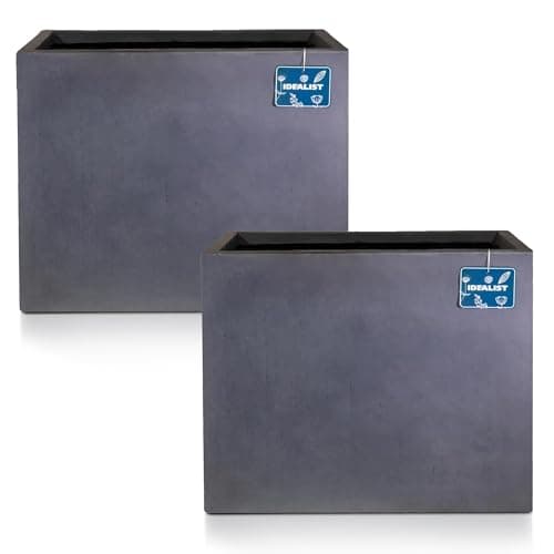 Image of IDEALIST Set of 2 60cm Large Trough | Dark Grey Reinforced Stone Rectangular Planter | Garden Plant Pots with Drainage Holes L60 W30 H50.5 cm, 62 litres
