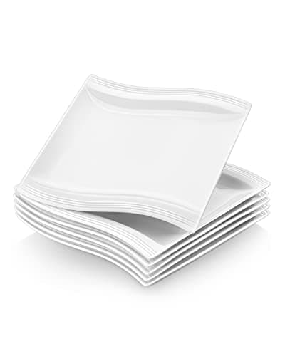 Image of MALACASA 8.2" Square Dinner Plates Set of 6 – Small White Porcelain Plates for Salad, Dessert, Appetizers & Main Dishes | Microwave & Dishwasher Safe | Elegant Modern Tableware