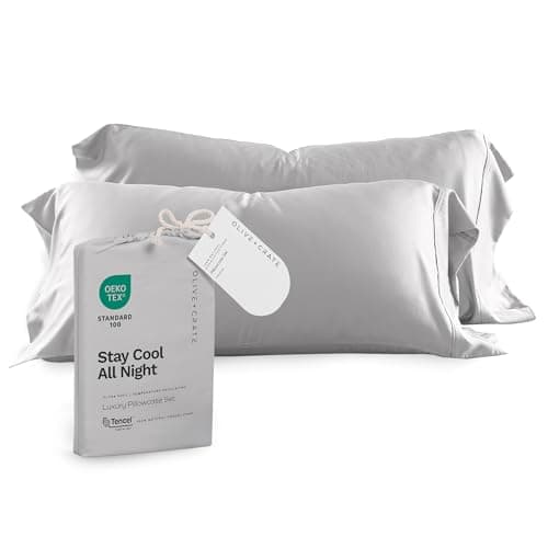Image of Olive + Crate Tencel Eucalyptus Pillowcases - 100% Tencel Lyocell Cooling Pillow Cases for Hot Sleepers - Hypoallergenic, Moisture-Wicking, Silk Alternative, Vegan - Queen Size Set of 2 [Gray Mist]