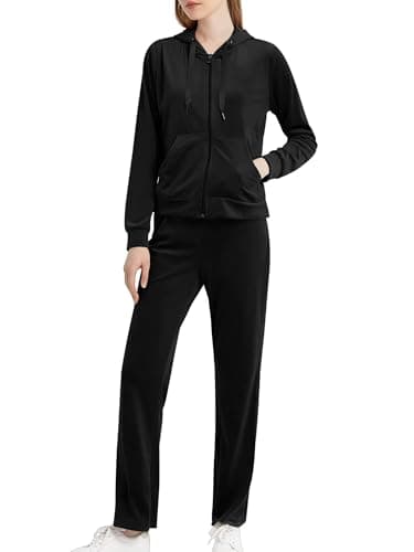 Image of MessBebe Womens Velour Tracksuits Set Sweatsuit Hoodie Top and Jogging Pants Casual Loungewear 2 Piece Sportswear Black M