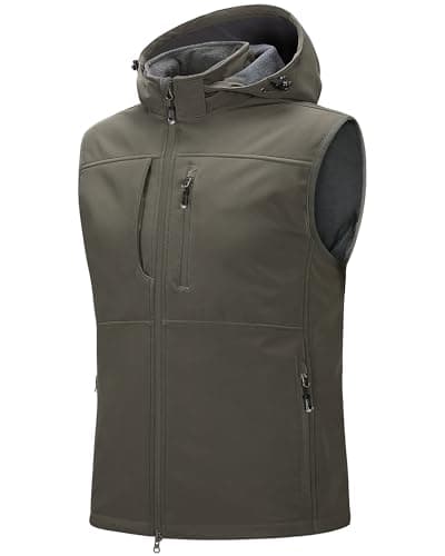 Image of 33,000ft Men‘s Softshell Gilet Waterproof Activewear Vests Windproof Fleece Lined Gilets with Hood Sleeveless Softshell Jacket for Hiking, Golf, Travelling,Safari Olive Green 3XL
