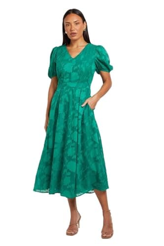 Image of Principles Floral Jacquard Puff Sleeve Midi Dress, 20, Bright Green