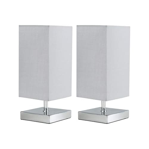 Image of Pair of - Modern Square Polished Chrome Touch Table Lamps with a Grey Shade