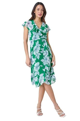 Image of Roman Frill Dress for Women UK Ladies Summer Wrap Chiffon Frill Hem Layered Belted Midi Maxi Tiered Cape Special Occasion Fit & Flare Wedding Guest Swing Skater - Green Light Blue - Size 10