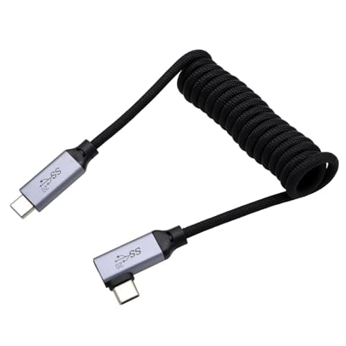Image of HangTon USB Type C PD 100W 4K Fast Speed Cable for SSD Blackmagic ZCAM R5C R6II Sony A7S3 FX30 Camera iPhone 15 Pro Max Monitor, Right Angle Black Braided Coiled 30cm