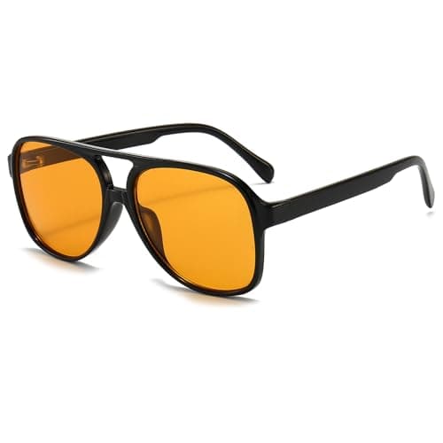 Image of Long Keeper Retro 70s Polarised Pilot Sunglasses for Women Men Oversized Double Bridge Aviation Sunglasses Large Frame Vintage Shades UV400 Protection (Black Frame Yellow Lens)