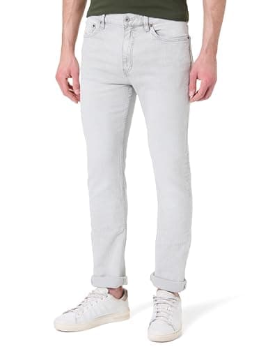Image of Hugo Men's Ash Slim Fit Jeans in Blue Stretch Denim with Distressed Effects, Silver, 36 W/30 L