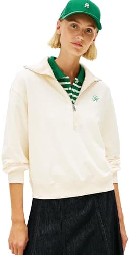 Image of Tommy Hilfiger Women's TH SCRIPT HALF ZIP TERRY SWTSHRT WW0WW49470 Half Zip Sweatshirt, BEIGE (Calico), XS