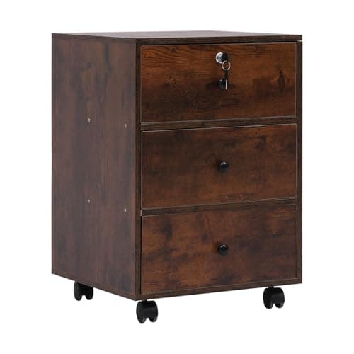 Image of NICEME Mobile File Cabinet with 3 Drawers Under Desk Storage Unit with Lock (Only Top Drawer),Office Drawer Pedestal, Assembly Required (3 Drawers, Rustic Brown)