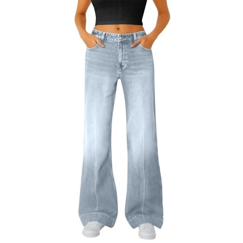 Image of Flared Jeans for Women UK High Waisted Washed Distressed Cotton Blend Denim Trousers Trendy Loose Fit Wide Leg Stretchy Bootcut Pants Baggy Comfort Ladies Jean with Pocket Light Blue
