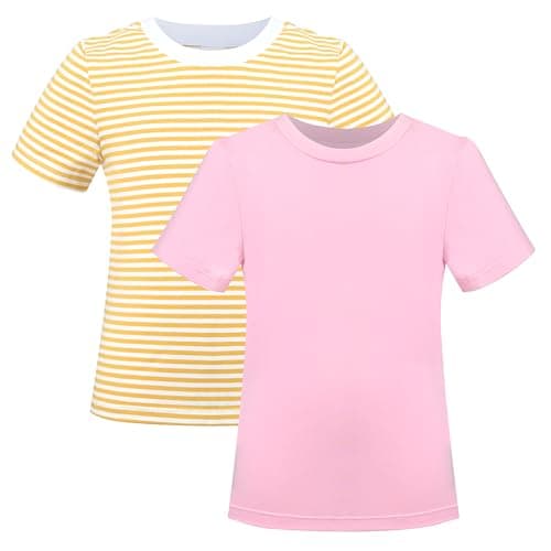 Image of 2 Pack Girls T-Shirt Solid Striped Basic Cotton Essential Crewneck Soft Age 9-10 Years Pink Yellow