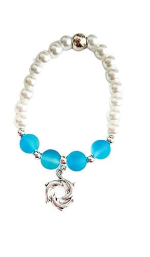 Image of Handmade Blue Peacock Beach Ocean Stretch Beaded Bracelet with Dolphin Charm