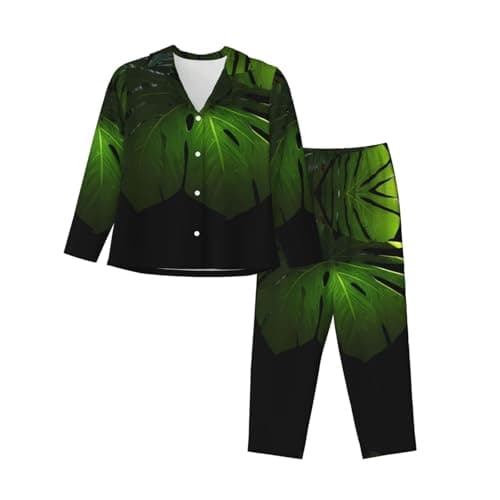 Image of LPLSNWS Green banana leaves Printed women's pajamas, long-sleeved loungewear, suitable for spring and autumn., Black, L