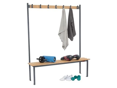 Image of Changing Room Bench, Heavy Duty Powder Coated Steel Frame with Wooden Slats, 1500mm Wide Cloakroom Benches with Clothing Hooks for Schools, Gyms, Leisure Centres (Grey, Single Sided)