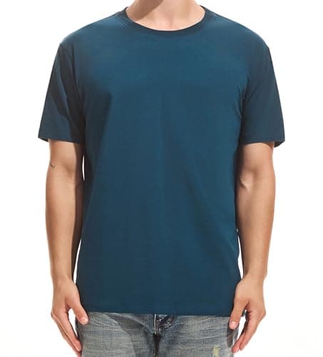 Image of RONOMO Men's Solid Colour T-Shirt 95% Cotton 5% Spandex | Pre-Shrunk Washed | Reinforced Ribbed Collar | Colourfast | Casual Basic Tee Slim Fit（LW Blue XL