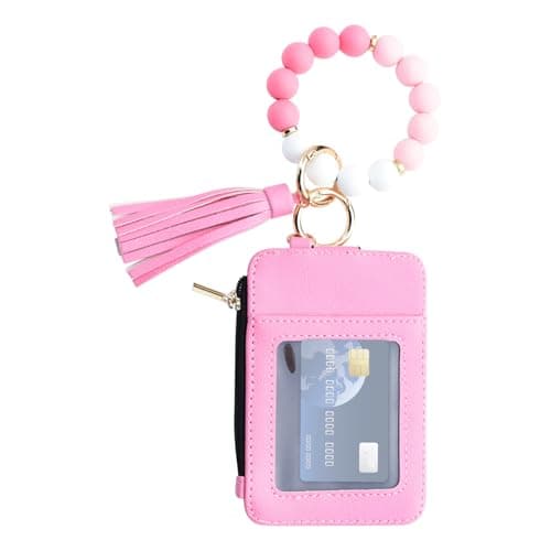 Image of Wallet with Keyring and Bracelet, Card Holder with Pearl Tassel and Bracelet - Card Holder for Women | Birthday Shopping Date, pink, see description, See description