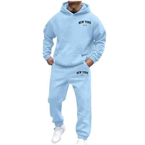 Image of Mens Tracksuit Set Hoodie and Joggers 2 Piece Outfit Autumn Winter Warm Fleece Sportswear Casual Sweatshirt and Sweatpants Set Gym Training Loungewear Tracksuit Suit for Men (Light Blue, L)