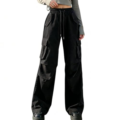 Image of DOINEUFL Cargo Trousers Women High Waist Elastic Wide Leg Drawstring Adjustable Hem Utility Pants Casual Baggy Fit Ladies Trousers with Pockets (UK, Alpha, S, Regular, Regular, Black)
