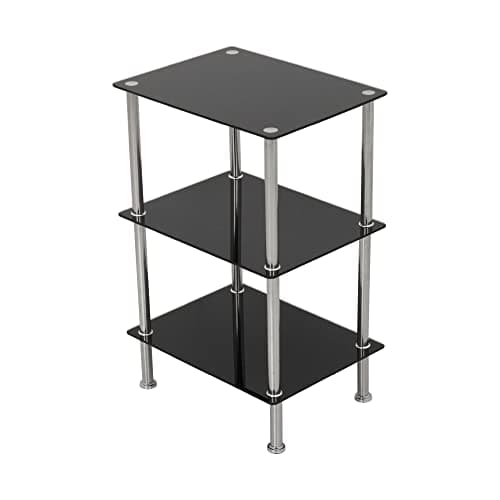 Image of king MAHARA 3 Tier Chrome Effect Black Glass Shelving Unit - Tempered Safety Glass Shelves Max 5kg Each - Storage Unit W40cm x D30cm x H61cm - Bedroom Storage/Living Room Accessories/Home Accessories