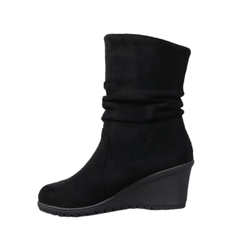 Image of Generisch Riding Boots Women's Winter Fashion Suede Wedge Mid Calf Boots Warm and Comfortable Boots, black, 7 UK